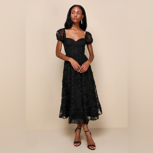 Lulus Notable Elegance Black Mesh Floral Applique Bustier Midi Dress - Picture 6 of 12